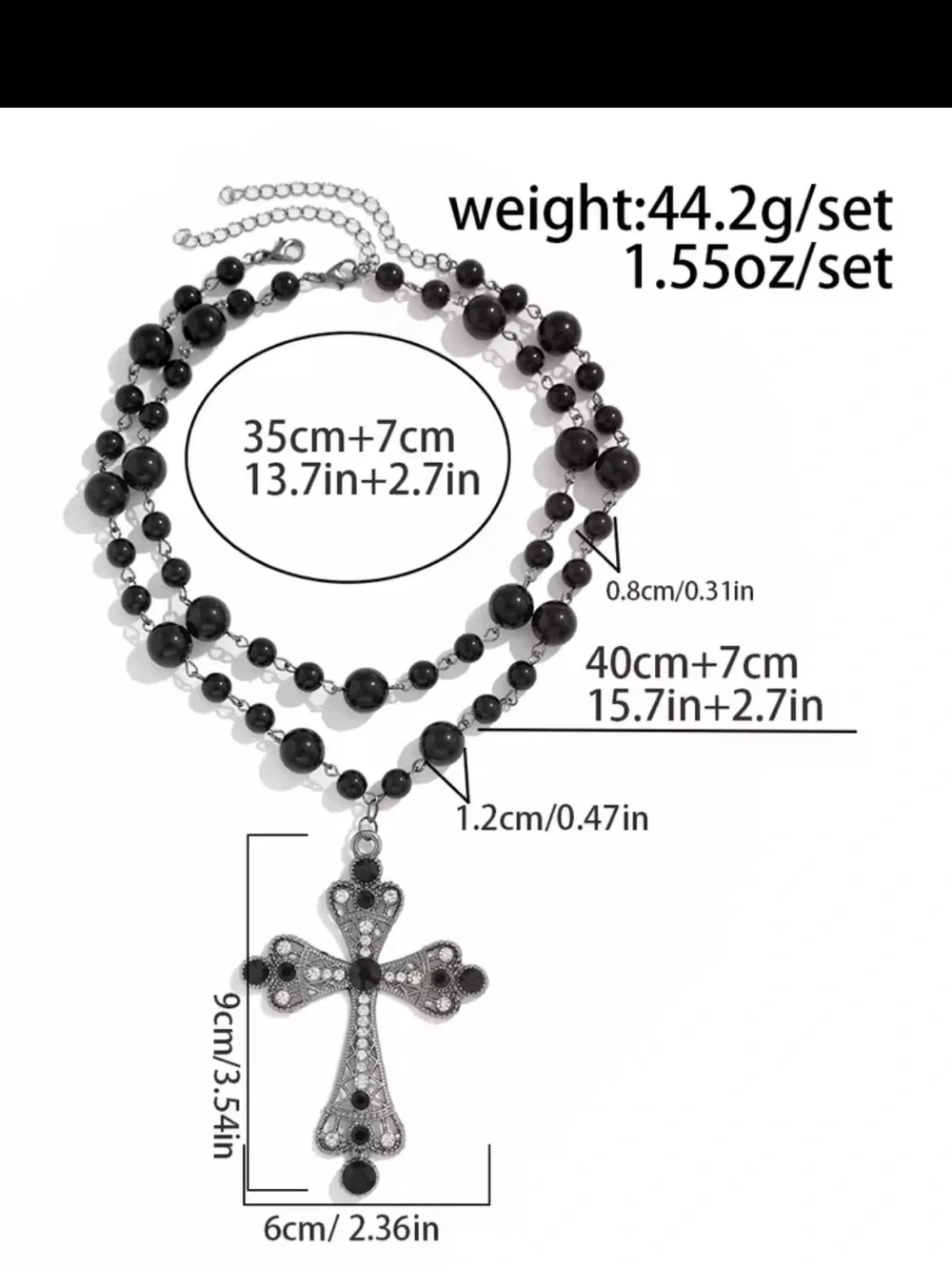 White Pearl Bead Necklace with Ornate Silver Cross Pendant